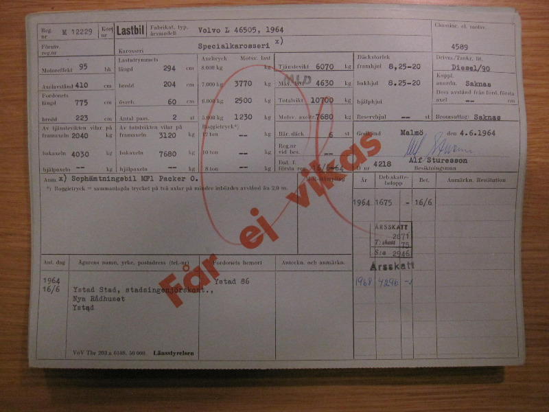 M12229 - Volvo L46505 - 1964 - Ch # 4589 - Kort 1a - Sopbil Ystad.JPG