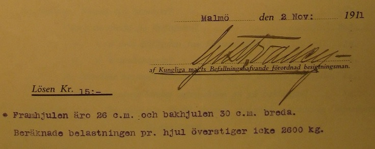 Studebaker (Eldriven) - 1911 - Hjultrycksangivelse vid registreringsbesiktningen 1911 - Fordonsägare Malmö Stora Valskvarn.JPG